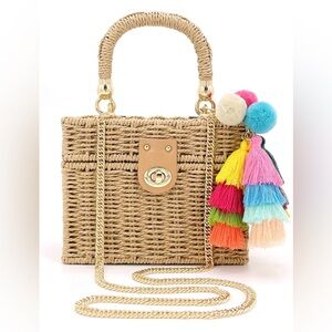 NWT Handwoven Rattan Wicker Woven Square Crossbody Casual Beach Boho Tote Bag